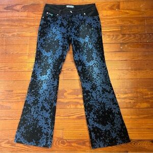 Vintage Y2K Black and Blue Floral Belvet Flocked Flare Jeans